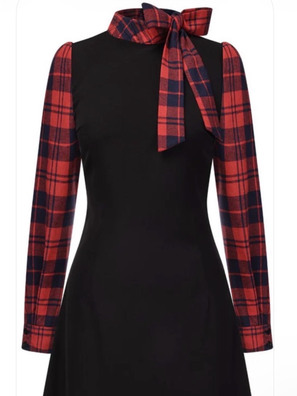 Retro Women’s Black Dress with Red Plaid Sleeves and Tie